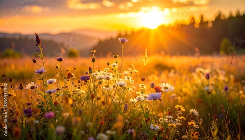 Wildflowers illuminated by soft golden sunset