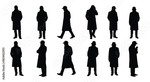 Silhouettes of men in trench coats and hats standing in various poses.