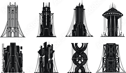 Futuristic skyscraper silhouette, modern architecture vector, black urban skyline icons, sci-fi building design, conceptual city structure illustration