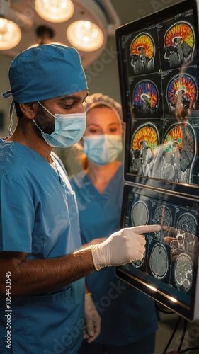 A neurosurgeon nurse hospital surgery scrub mask glove touch screen medical monitor brain scan neurosurgery surgeon brain mri scan hospital medical diagnosi neurology teamwork surgeon nurse hospital