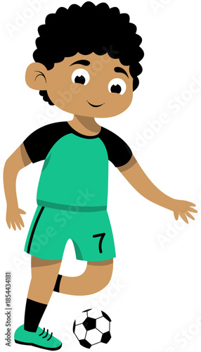 Curly Haired Boy in Green Jersey Practicing Outside of the Foot Pass, Step 1 Soccer Illustration. Editable Color Vector