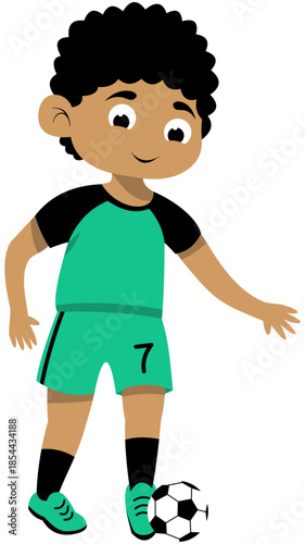 Curly Haired Boy in Green Jersey Practicing Outside of the Foot Pass, Step 2 Soccer Illustration. Editable Color Vector