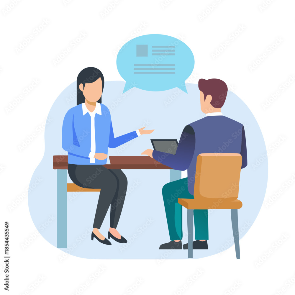 Obraz premium HR manager or recruiter interviewing work candidate, applicant. Job interview, vacancy, hiring recruitment process concept. Vector illustration.