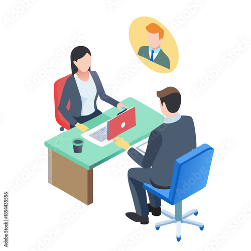 HR manager or recruiter interviewing work candidate, applicant. Job interview, vacancy, hiring recruitment process concept. Vector illustration.