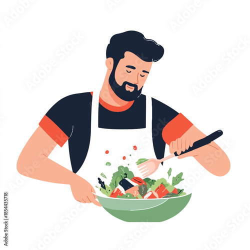 Man in Apron Preparing a Fresh Salad.