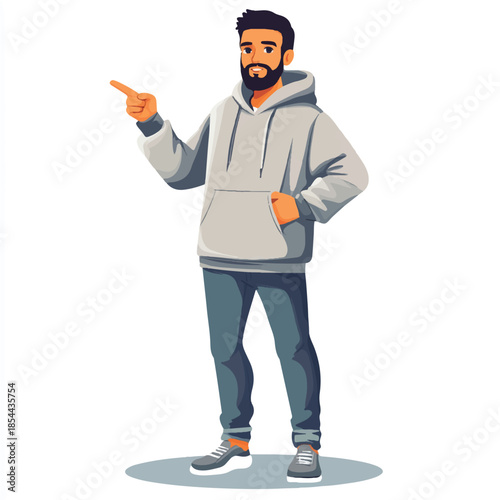 Man in Hoodie and Jeans Pointing to the Side