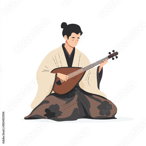Man in traditional Japanese clothing playing a shamisen.