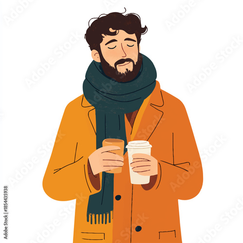  Man in winter coat and scarf enjoying a warm drink on a cold day
