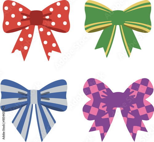 Set of four colorful decorative gift bows with various patterns including polka dots, stripes, and checkers vector illustration.
