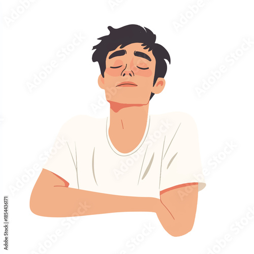 Man with closed eyes and crossed arms in white shirt