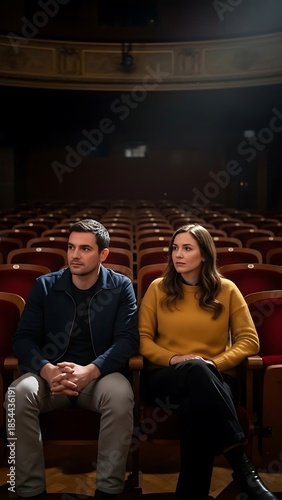 Couple sitting in empty theater seats.