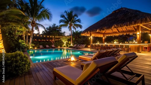 Evening scene of a luxurious resort with a swimming pool, bar, and palm trees, illuminated by warm lights.