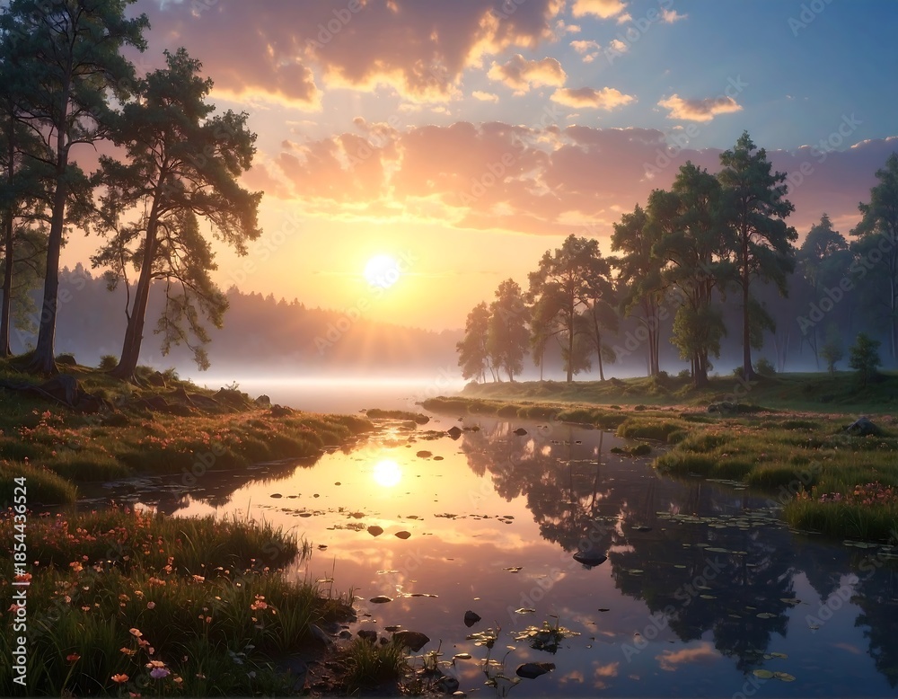 Obraz premium Serene sunrise over a forest lake, reflecting the vibrant sky