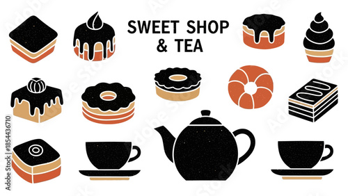 Flat vector sweet shop and tea icon set featuring cakes donuts teapot and cups in black and orange style for bakery menu design