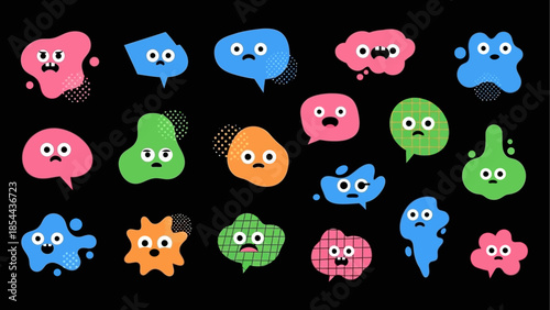 Funny cartoon speech bubbles and abstract blob characters set with various facial expressions and emotions on black background representing communication