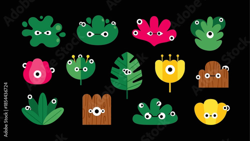 Funny cartoon plant monsters set with big eyes featuring various leaf shapes and flowers on black background for game or halloween design