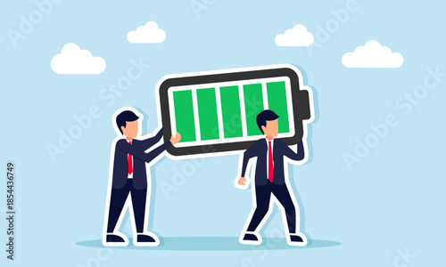 Two businessmen working together to carry a large battery illustrating collaboration in managing powerful business resources