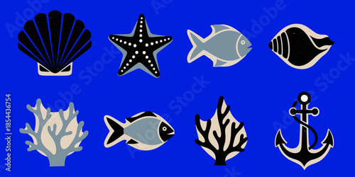 Flat vector nautical icon set featuring seashells, starfish, fish, coral and anchor on blue background representing marine life and ocean nature