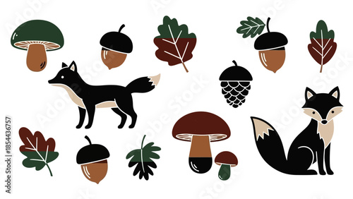 Cute autumn forest element set featuring cartoon foxes, mushrooms, oak leaves and acorns in flat vector style for seasonal decoration