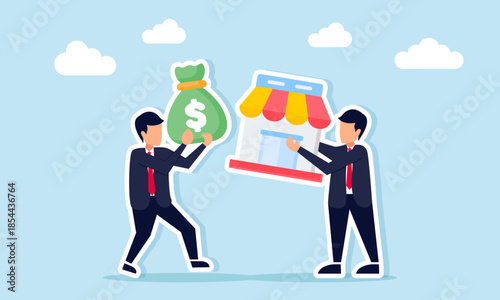 Two businessmen trading a house property asset with a bag of money illustrating business cooperation in property asset investment