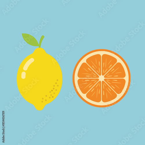 Flat vector illustration of a whole yellow lemon and a round orange slice on blue background representing fresh healthy citrus fruits