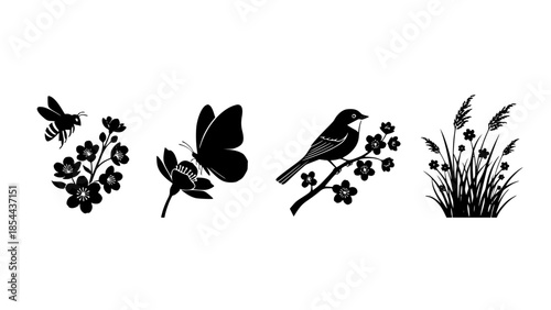 Beautiful Nature Set Featuring Flying Bee Graceful Butterfly Perching Bird And Wild Grass Meadow Botanical Icons