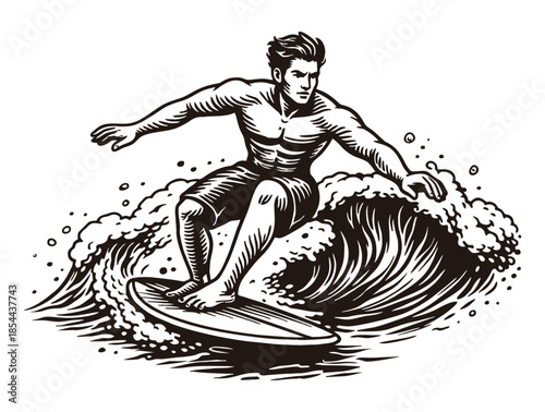Strong male surfer riding a massive wave on the ocean.