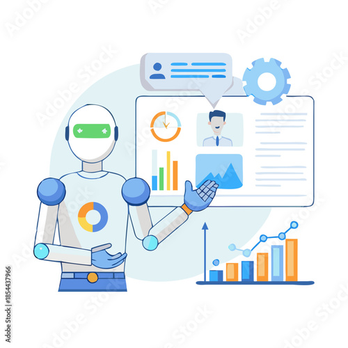 Artificial intelligence technology in business set. AI robot assistant analyzing data, business tasks, seo. Automation tools concept. Vector ... See More