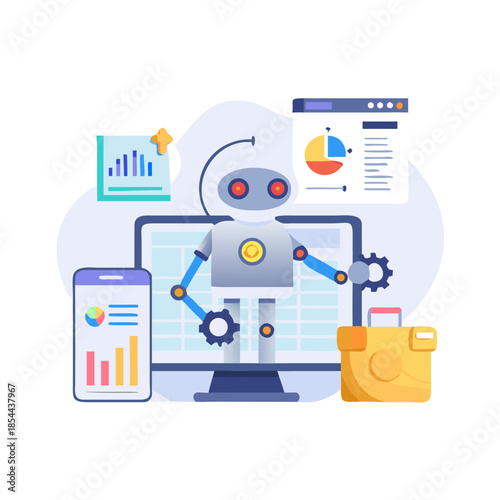 Artificial intelligence technology in business set. AI robot assistant analyzing data, business tasks, seo. Automation tools concept. Vector ... See More