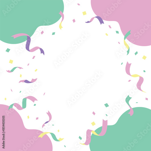 A template for a frame with a background of ribbons and confetti in pink and mint colours to celebrate. / リボンと紙吹雪が舞うお祝いムードの背景素材 フレームテンプレート ピンク ミント