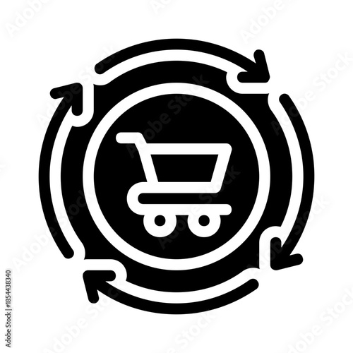 Shopping cart in circular arrow pattern ideal for ecommerce icons, retail concepts, cycle of shopping processes, mall promotions, online sales.
