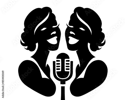 silhouette logo of two women singing, batel singing show, icon isolated on white background

