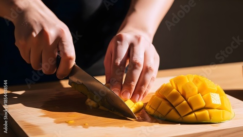 Close-up of hands slicing fresh ripe mango into cubes on a wooden cutting board, preparing healthy tropical fruit for a snack or meal.