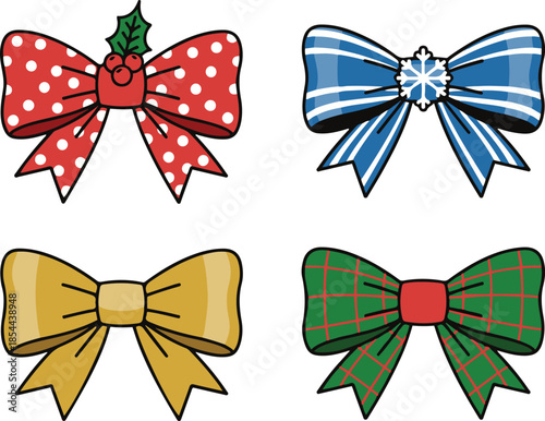 Set of four decorative Christmas gift bows with holly, snowflake, polka dot, stripe, and plaid patterns vector illustration.