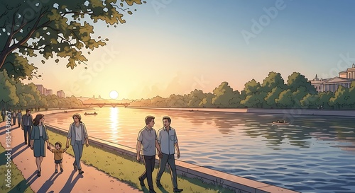 People walking along river path sunset.