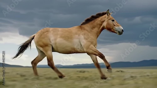 Running horse in natural environment against cloudy sky