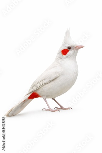 Elegant photograph of an albino red-whiskered bulbul showcasing pure white plumage and distinctive red cheek patch, standing gracefully against a plain backdrop.