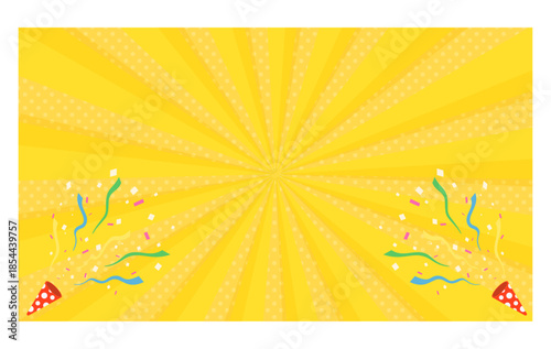 パーティークラッカーとサンバースト背景　黄色