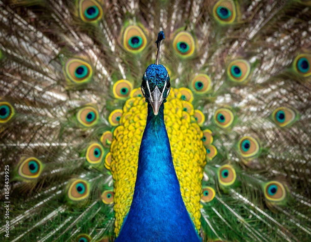 Obraz premium Regal peacock with vibrant plumage in full display, close-up view