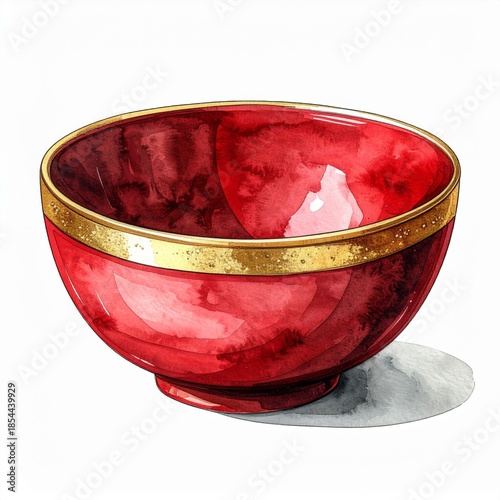 Watercolor Illustration of Shiny Red and Gold Bowl Isolated on White Background