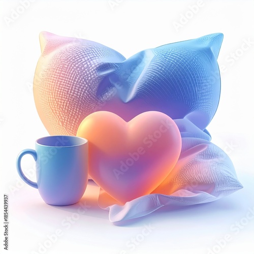 Pastel Heart Pillow and Mug Still Life with Soft Focus on White Backdrop