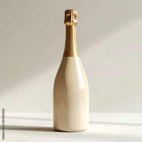 Elegant Beige Champagne Bottle with Golden Foil on White Surface