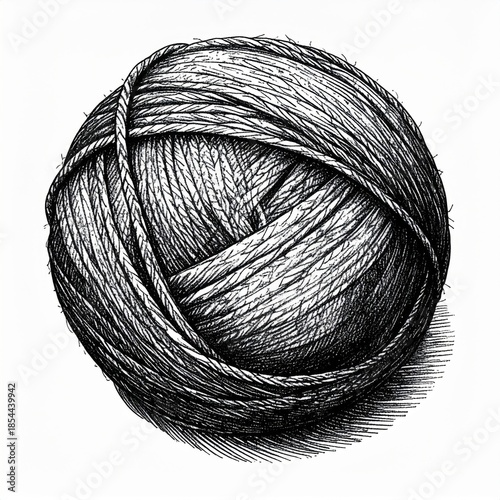 Monochrome Ball of Yarn in Detailed Black and White Illustration on White