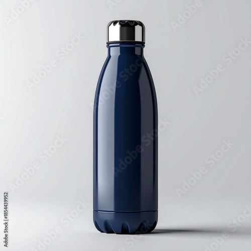 Navy Blue Stainless Steel Water Bottle on White Seamless Background