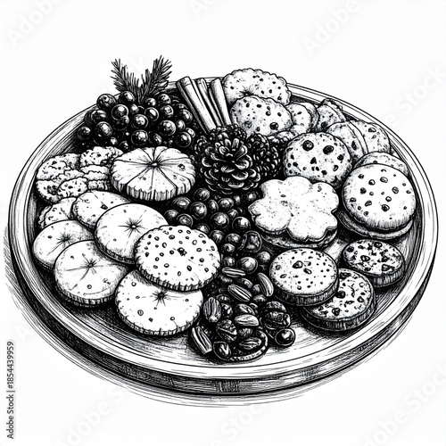 Monochromatic Platter with Assorted Dried Fruits and Nuts Illustration