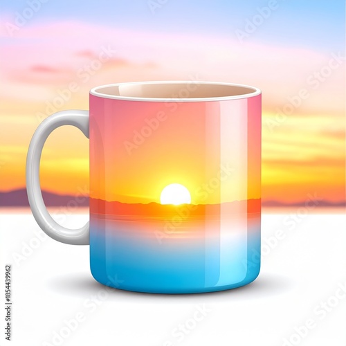 Ceramic Mug with Sunset Landscape Graphic on White Surface Against Sky
