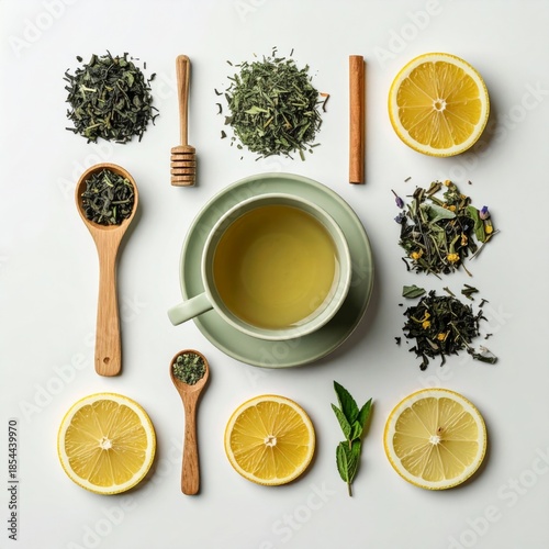 Overhead View of Green Tea Cup with Lemon and Herbs on White Surface
