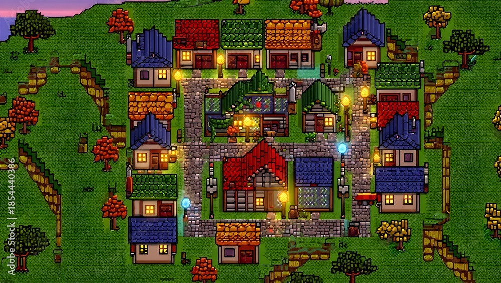 Fototapeta premium Top-Down Pixel Art Medieval Town Map for RPG Game Design