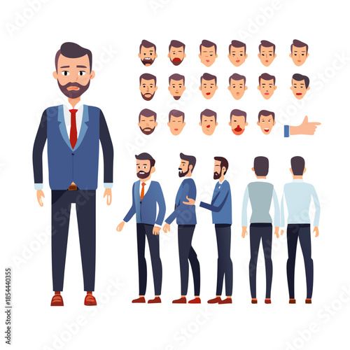 Middle age business man character constructor for animation. Front, side and back view set. Body parts, postures, poses collection. Vector illustration. See Less