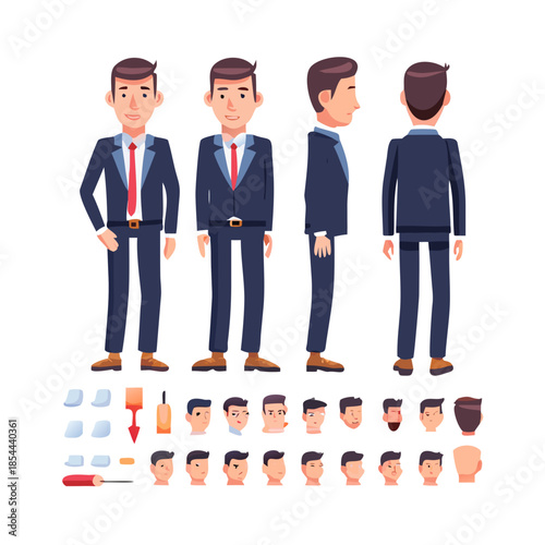 Middle age business man character constructor for animation. Front, side and back view set. Body parts, postures, poses collection. Vector illustration. See Less